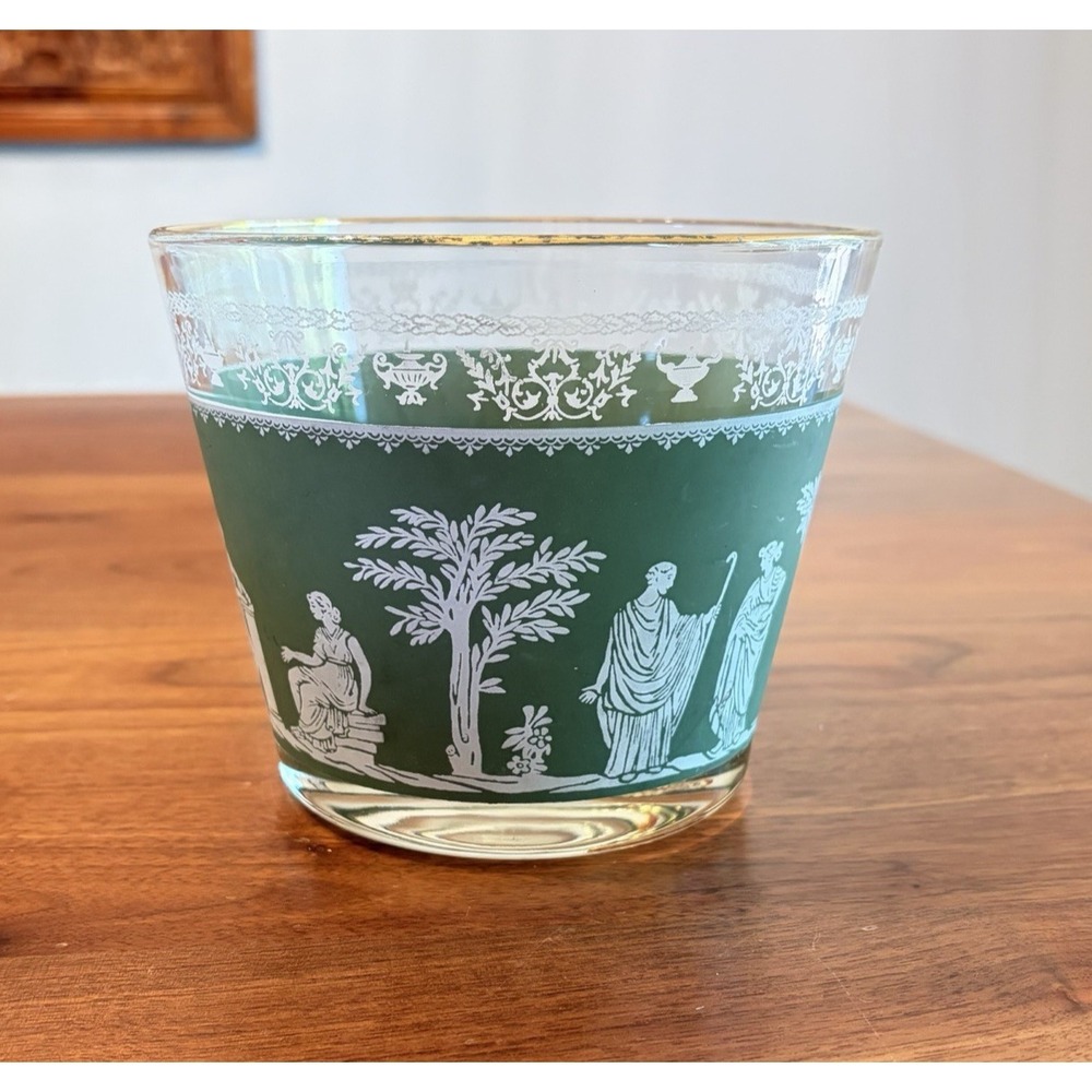Vintage 1960s Jeanette Glass Green Hellenic Small Glass Ice Bucket MCM